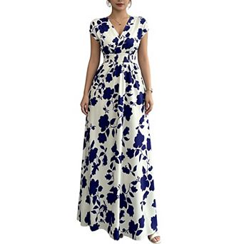 Women's Floral Print V-Neck Cap Sleeve Maxi Dress with Smocked Waist