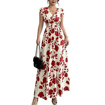 Women's Floral Print V-Neck Cap Sleeve Maxi Dress with Smocked Waist