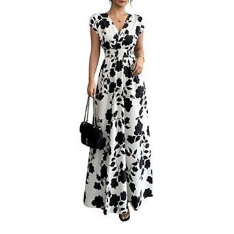 Women's Floral Print V-Neck Cap Sleeve Maxi Dress with Smocked Waist