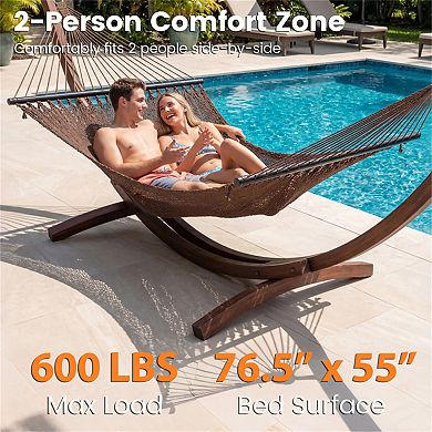 Double Polyester Caribbean Hammock with Hardwood Bars, 600lb Cap, for Patio/Garden