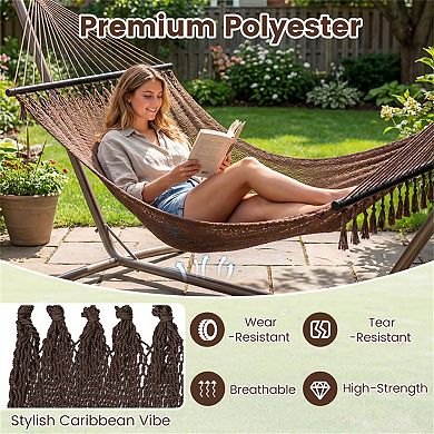 Double Polyester Caribbean Hammock with Hardwood Bars, 600lb Cap, for Patio/Garden