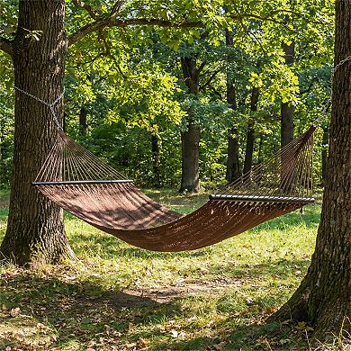 Double Polyester Caribbean Hammock with Hardwood Bars, 600lb Cap, for Patio/Garden