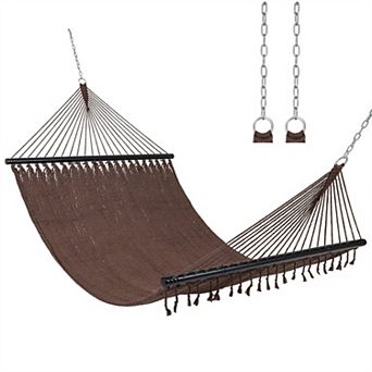 Double Polyester Caribbean Hammock with Hardwood Bars, 600lb Cap, for Patio/Garden