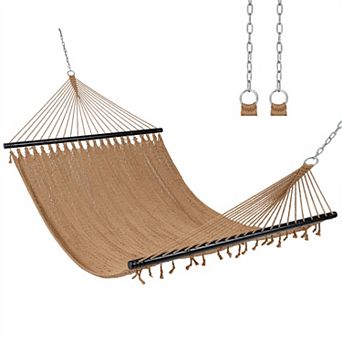 Double Polyester Caribbean Hammock with Hardwood Bars, 600lb Cap, for Patio/Garden