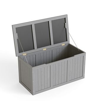 67 Gal Outdoor Wood Deck Box, Solid Wood, Seat/Top, for Patio Cushions, Pool Toys, Garden Tools