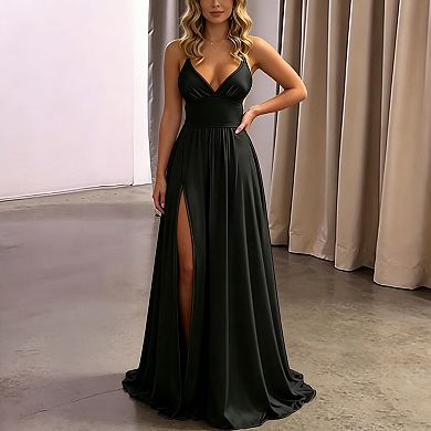 Spaghetti Strap V-Neck Satin Maxi Dress with Slit for Formal Events & Parties