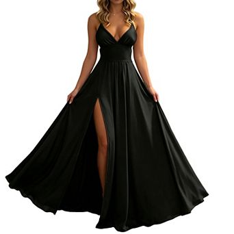 Spaghetti Strap V-Neck Satin Maxi Dress with Slit for Formal Events & Parties