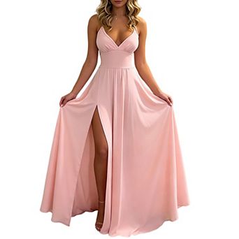 Spaghetti Strap V-Neck Satin Maxi Dress with Slit for Formal Events & Parties