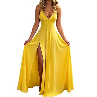 Spaghetti Strap V-Neck Satin Maxi Dress with Slit for Formal Events & Parties