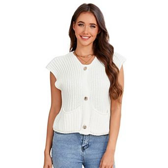 Women's V Neck Sleeveless Button Front Chunky Knit Cardigan Vest