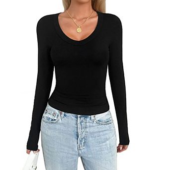 Women's Scoop Neck Long Sleeve T-Shirt Slim Fit Basic Lightweight Undershirt