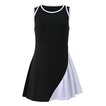 Tennis Golf Pickleball Dress for Girls Sleeveless Color Block Pleated Outfit with Shorts and Pockets