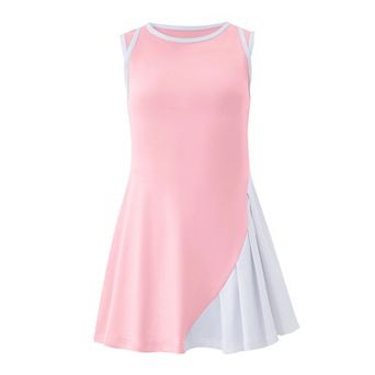 Tennis Golf Pickleball Dress for Girls Sleeveless Color Block Pleated Outfit with Shorts and Pockets