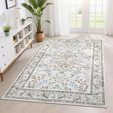 Botanical Carpet Farmhouse Flower Area Rugs with Washable and Non Slip TPR Backing