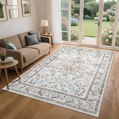 Botanical Carpet Farmhouse Flower Area Rugs with Washable and Non Slip TPR Backing
