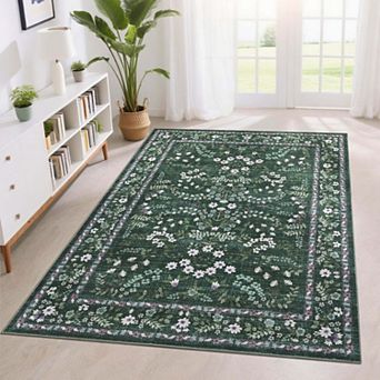Botanical Carpet Farmhouse Flower Area Rugs with Washable and Non Slip TPR Backing