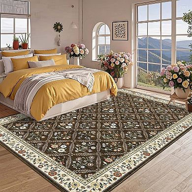 Floral Print Area Rugss Machine Washable Low Pile Non Slip