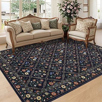 Floral Print Area Rugss Machine Washable Low Pile Non Slip