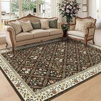 Floral Print Area Rugss Machine Washable Low Pile Non Slip