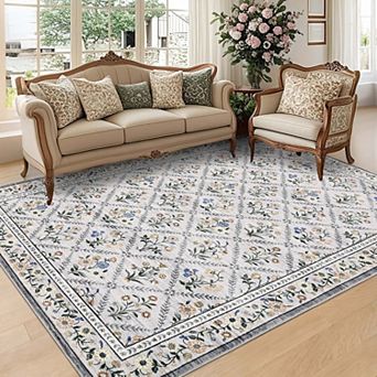 Floral Print Area Rugss Machine Washable Low Pile Non Slip