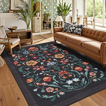 Floral Printed Area Rugs Vintage Soft Area Rugs Washable Low Pile Area Rugs Stain Resistant