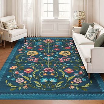 Floral Printed Area Rugs Vintage Soft Area Rugs Washable Low Pile Area Rugs Stain Resistant