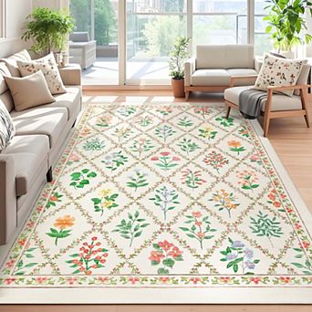 Floral Print Area Rugs with Non Slip Backing Farmhouse Accent Carpet Washable Area Rugs