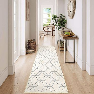 Beige Machine Washable Modern Geometric Laundry Bathroom Kitchen Soft Non Slip Rectangular