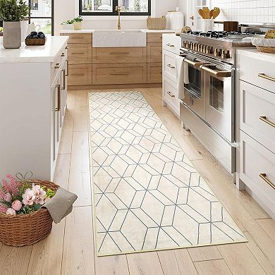 Beige Machine Washable Modern Geometric Laundry Bathroom Kitchen Soft Non Slip Rectangular