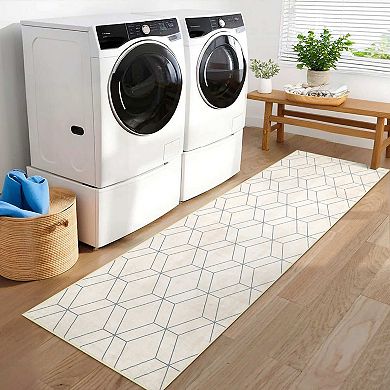 Beige Machine Washable Modern Geometric Laundry Bathroom Kitchen Soft Non Slip Rectangular
