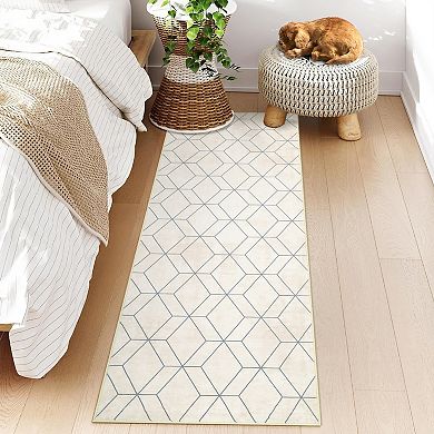 Beige Machine Washable Modern Geometric Laundry Bathroom Kitchen Soft Non Slip Rectangular
