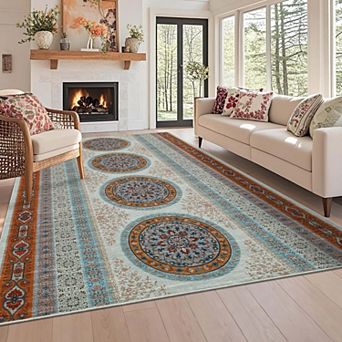 Light Blue Vintage Boho Area Rugss Oriental Accent Washable Printed Area Rugs