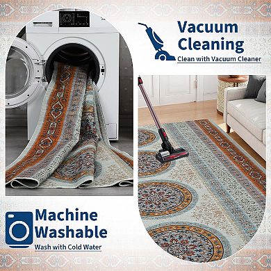 Light Blue Vintage Boho Area Rugss Oriental Accent Washable Printed Area Rugs