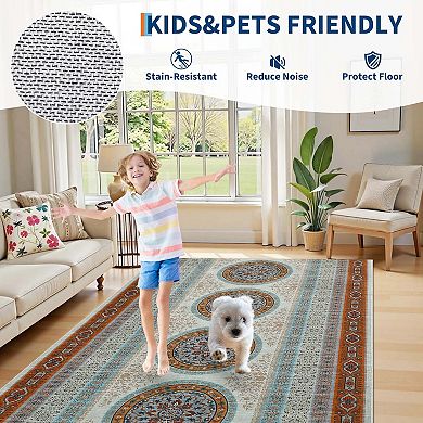 Light Blue Vintage Boho Area Rugss Oriental Accent Washable Printed Area Rugs