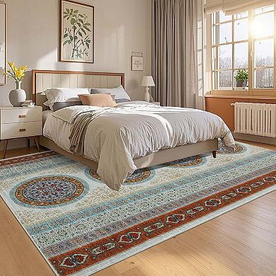 Light Blue Vintage Boho Area Rugss Oriental Accent Washable Printed Area Rugs