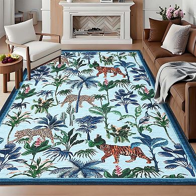 Tiger Print Area Rugs Washable Tropical Jungle Plant Printed Area Rugs