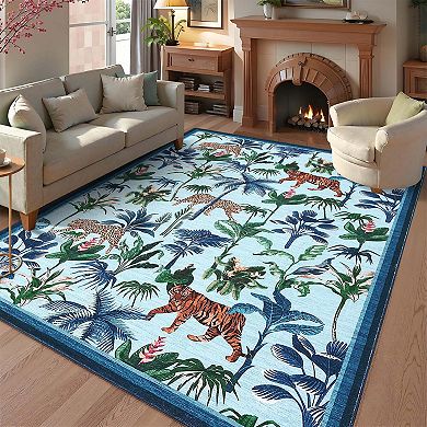 Tiger Print Area Rugs Washable Tropical Jungle Plant Printed Area Rugs