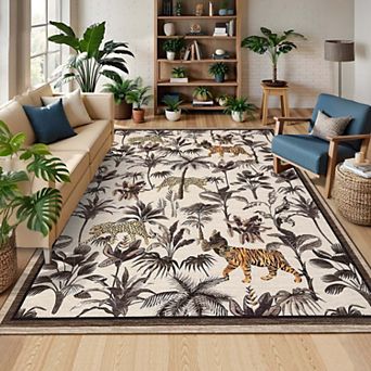 Tiger Print Area Rugs Washable Tropical Jungle Plant Printed Area Rugs