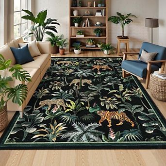 Tiger Print Area Rugs Washable Tropical Jungle Plant Printed Area Rugs
