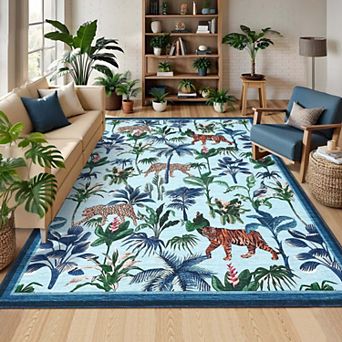 Tiger Print Area Rugs Washable Tropical Jungle Plant Printed Area Rugs
