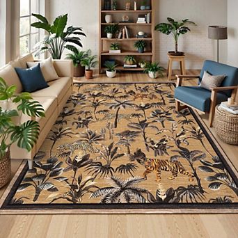 Tiger Print Area Rugs Washable Tropical Jungle Plant Printed Area Rugs