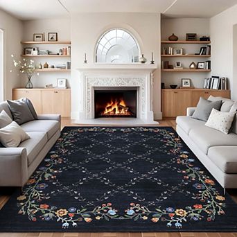 Floral Area Rugss Machine Washable Vintage Oriental Flower Print Non Slip Backing Low Pile