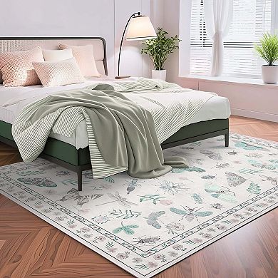 Floral Insect Print Area Rugs Modern Machine Washable Area Rugs Stain Resistant