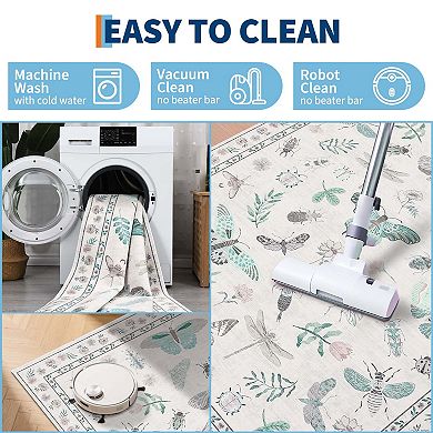 Floral Insect Print Area Rugs Modern Machine Washable Area Rugs Stain Resistant