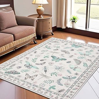 Floral Insect Print Area Rugs Modern Machine Washable Area Rugs Stain Resistant