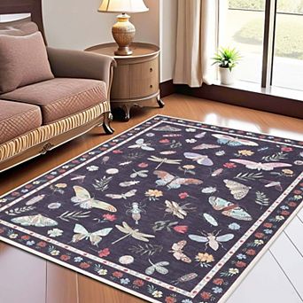 Floral Insect Print Area Rugs Modern Machine Washable Area Rugs Stain Resistant