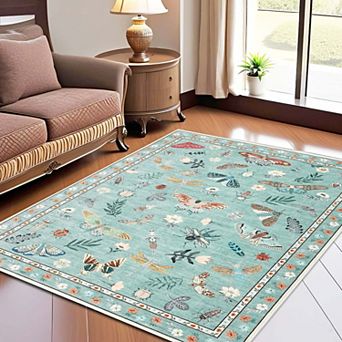 Floral Insect Print Area Rugs Modern Machine Washable Area Rugs Stain Resistant
