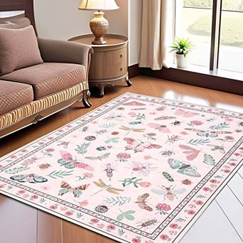 Floral Insect Print Area Rugs Modern Machine Washable Area Rugs Stain Resistant