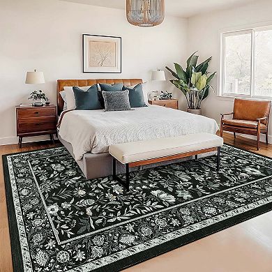 Vintage Botanical Floral Area Rugs Washable Low Pile Non Slip Carpet