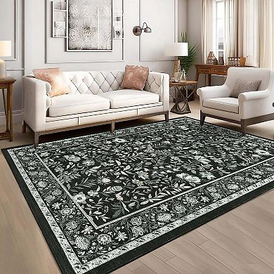 Vintage Botanical Floral Area Rugs Washable Low Pile Non Slip Carpet